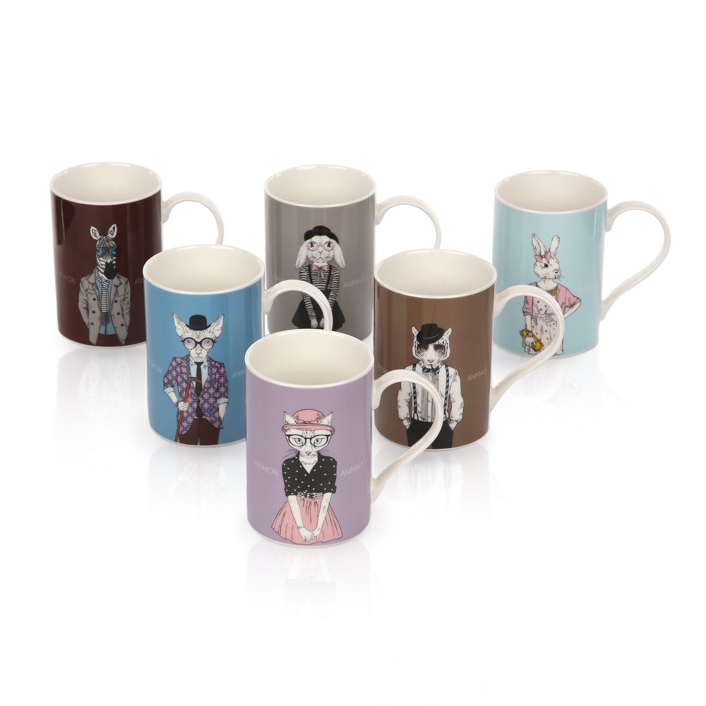 Sada porcelánových hrnčekov Fashion Animals, 330 ml, 6 ks