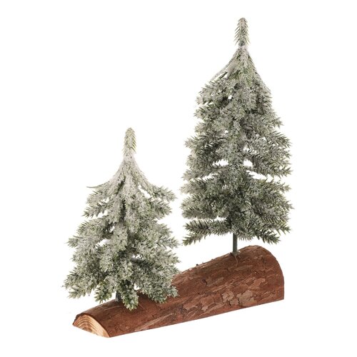 Karácsonyi hóval borított mini fák egy rönkön, 20 cm