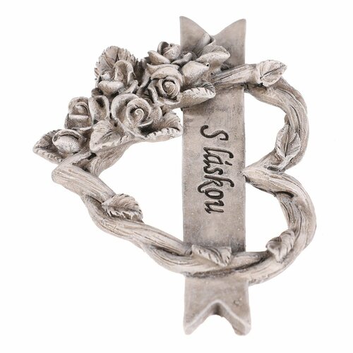 Pietní dekorace Srdce s růžemi a stuhou, polyresin, 9 x 9 x 2 cm