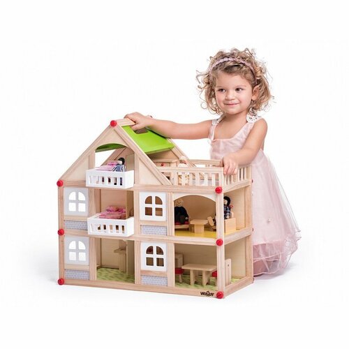 Woody Zweistöckiges Puppenhaus mit Balkon und Zubehör, 55 x 26 x 51,5 cm