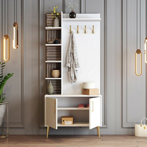 Cuier cu dulap pentru pantofi și rafturi ViyanaWhite and Gold