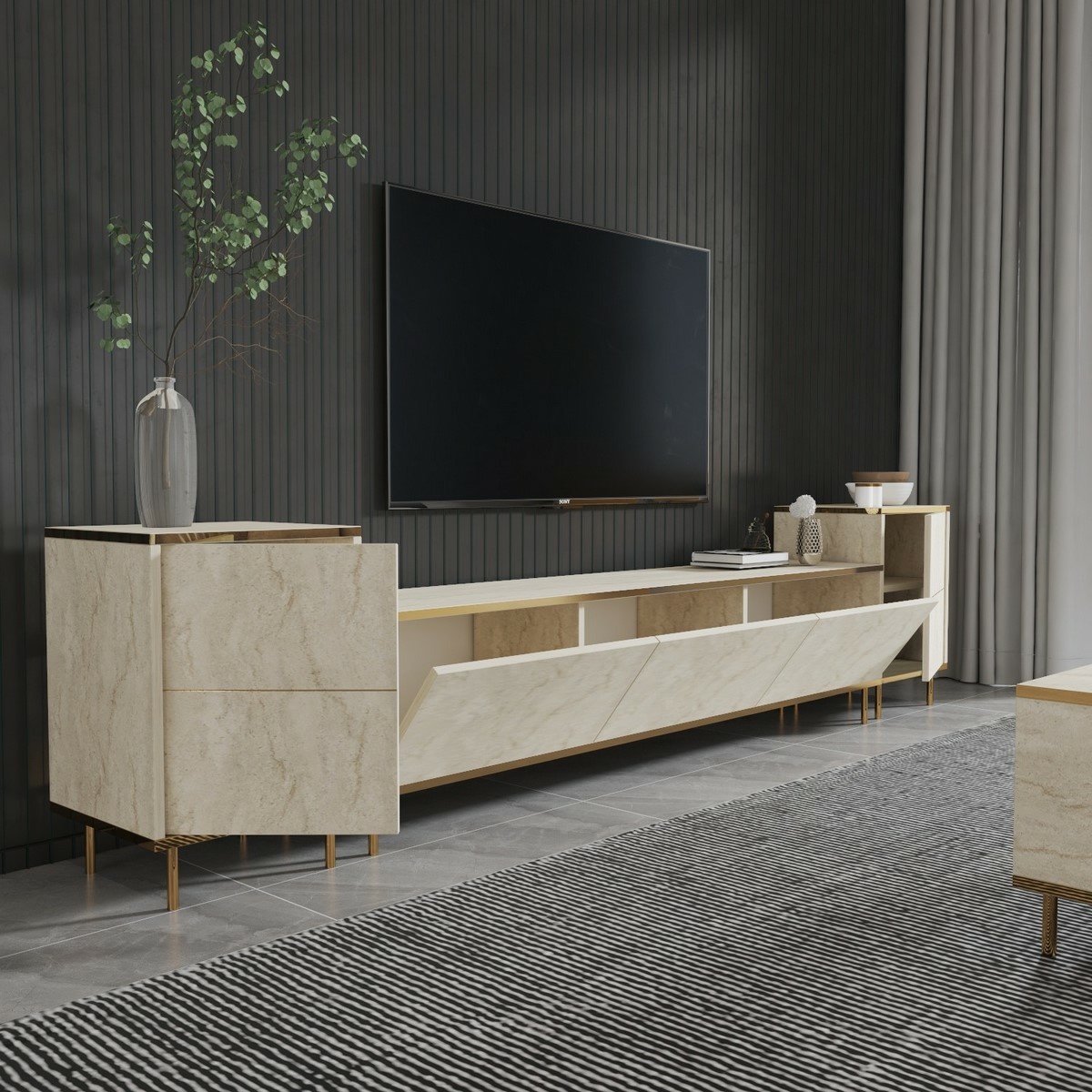 Televízny stolík so skrinkami Imej Travertine and Gold