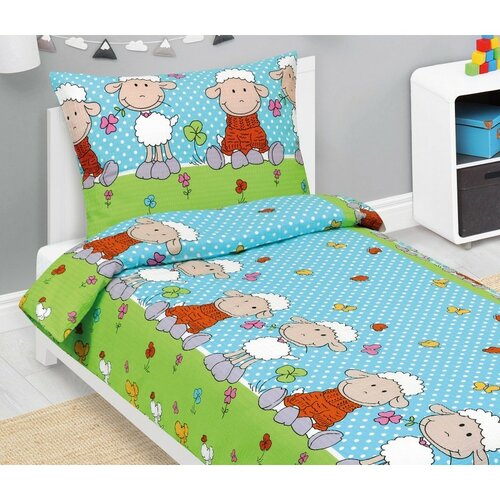 Bellatex Дитяча крепова постільна білизна Овечка синя, 140 x 200, 70 x 90 см