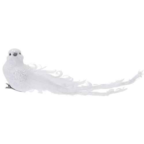 Fehér madár klipszen karácsonyi dekoráció, 23 cm