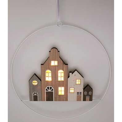 Závěsná vánoční dekorace Winter Houses II, 30 cm, svítící, na baterie