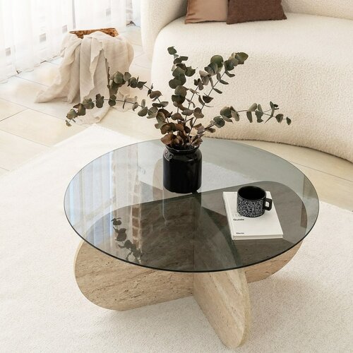 Couchtisch Bubble Travertine mit dunklem Glas