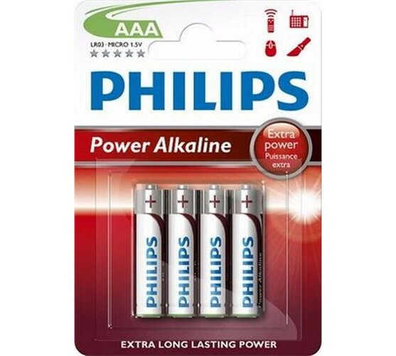 Alkalické baterie, 4 ks, 1,5 V, Power Alkaline AAA