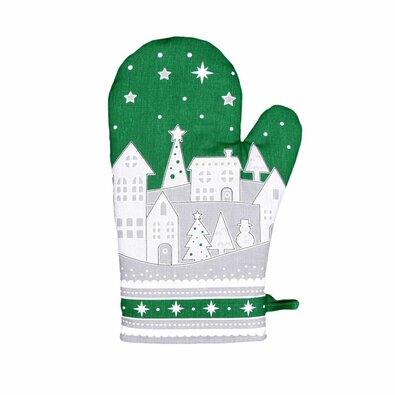 Mănușă  buc., model Crăciun Sat înzăpezit, verde, 18 x 28 cm