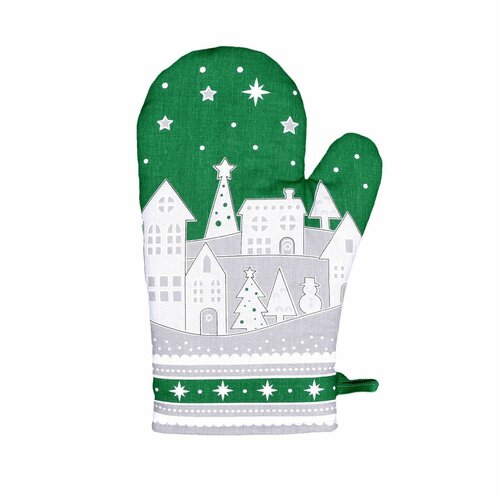 Vianočná chňapka Zimná dedinka zelená, 18 x 28 cm