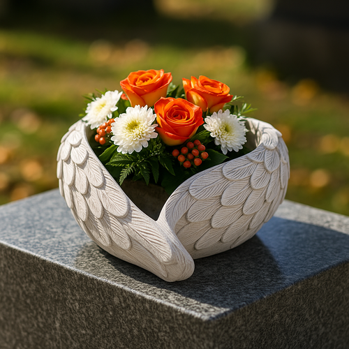 Blumenhülle, pietätvoll – Herz aus Flügeln, Beton, Grau