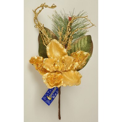 Vánoční větvička Magnólie s korálky zlatá, 45 cm