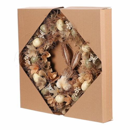 Húsvéti koszorú Barna nyuszi virágokkal éstojásokkal, átmérő 45 cm, 45 x 45 x 9 cm