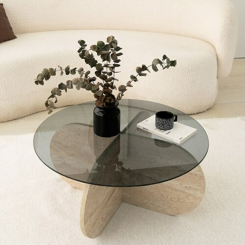 Couchtisch Bubble Travertine mit dunklem Glas
