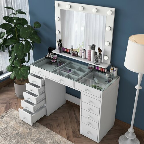 Schminktisch Livia White mit Glasplatte