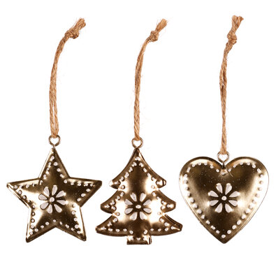Komplet božičnih okraskov Zvezda, drevesce insrce, 6 kosov, kovina, 4 cm