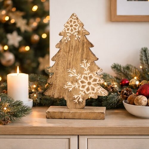 4Home Dekorace z mangového dřeva Snowflake Tree, 33 cm