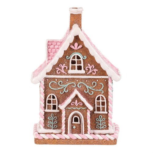 Vianočná dekorácia Perníkový domček s ružovou strechou, polyresin, LED, hnedá