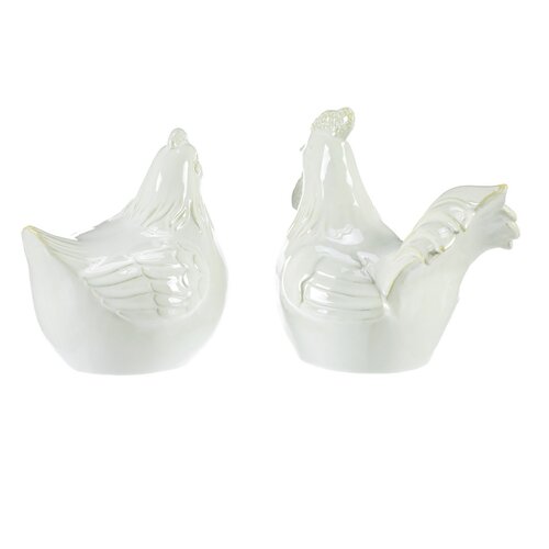 Decorație ceramică Găinușă și cocoș, albă, 11 x 13x 14 cm, set de 2 bucăți