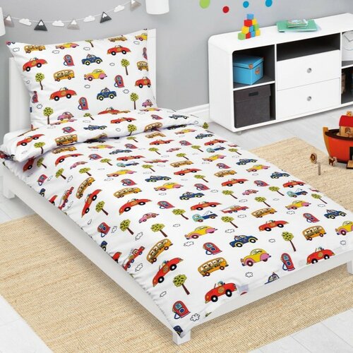 Bellatex Дитяча бавовняна постільна білизна Junior Автомобілі біла, 140 x 200 см, 70 x 90 см