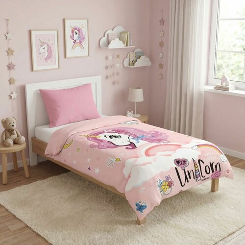 Set de lenjerie de pat din bumbac Kvalitex Unicorn pentru copii, roz, 140 × 200 cm, 70 × 90 cm