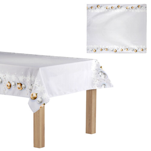 Obrus s vianočným motívom, vianočné ozdoby na bielom, 130 x 160 cm