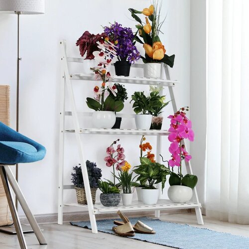 Suport de flori din bambus Nepel Tip 1 alb , 70 x40 x 96 cm