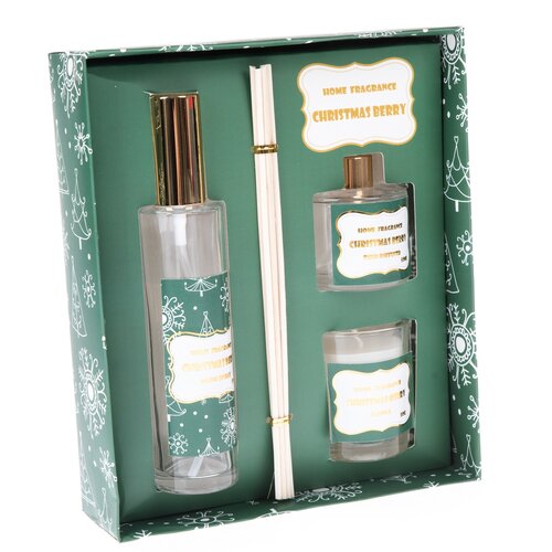 Geschenkset „Weihnachtsbeeren“, 18,5 × 22 × 5,7 cm, Raumspray + Diffusor + Kerze