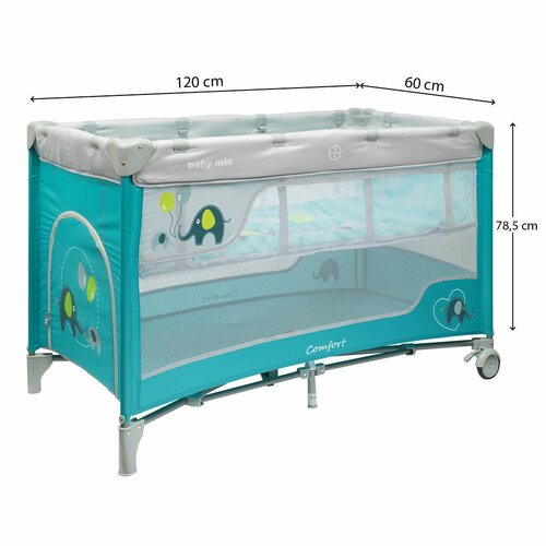 Pătuț de călătorie cu pat suspendat Baby Mix Elefanți albastru, 120 x 78,5 x 62 cm