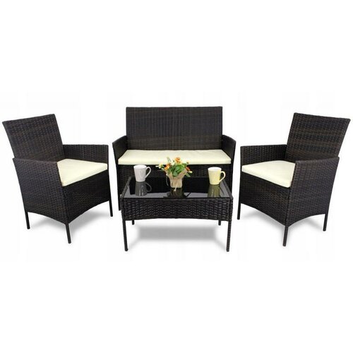 Aldotrade GardenLine rattan kerti garnitúra, barna + krémszínű ülőpárna