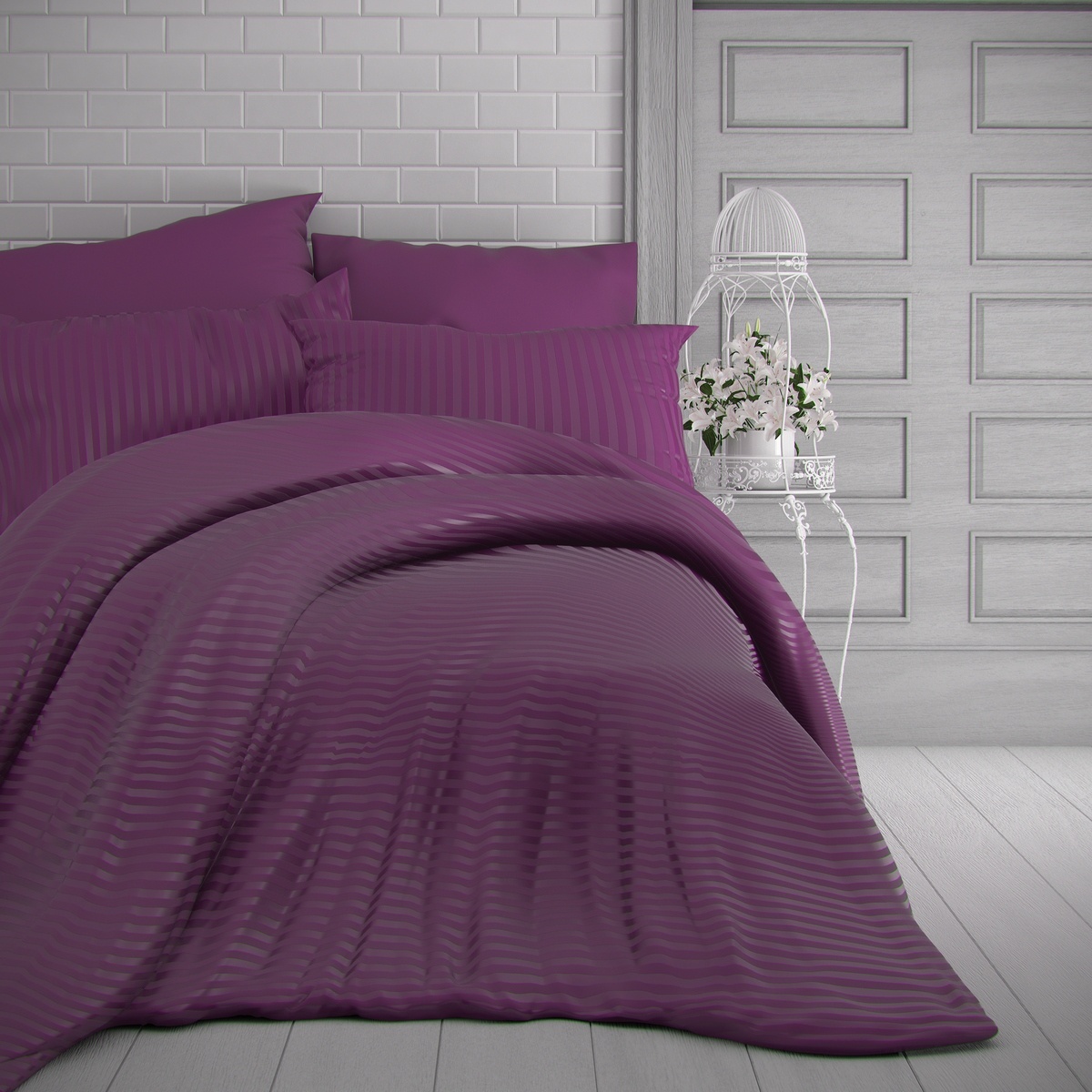 Lenjerie pat satin Stripe purpurie, 240 x 200 cm, 2 buc. 70 x 90 cm