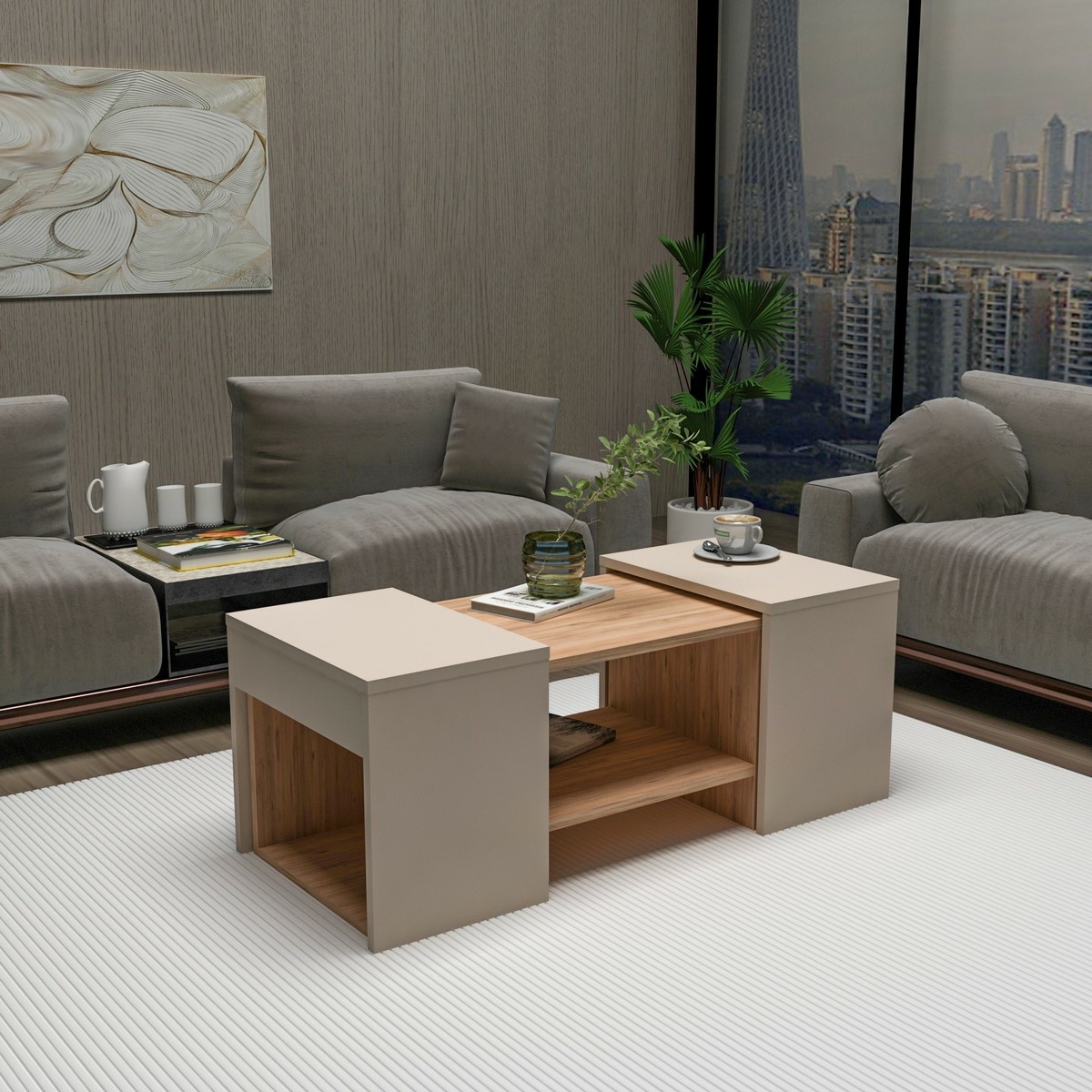 Súprava konferenčných stolíkov Sartos Beige and Atlantic Pine, 3 ks