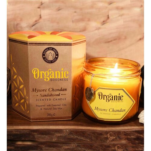 Organska sveča Mysore Chandan - Sandalwood 200 g vjantarovem steklu