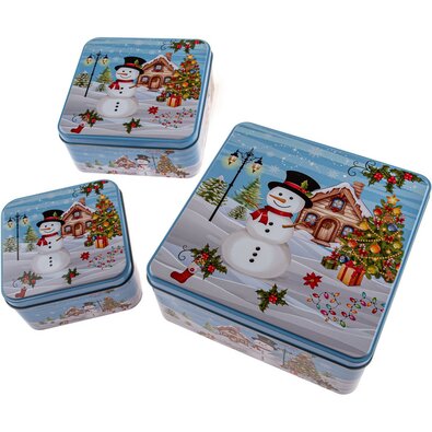 Set de 3 cutii de tablă pătrate Om de zăpadă