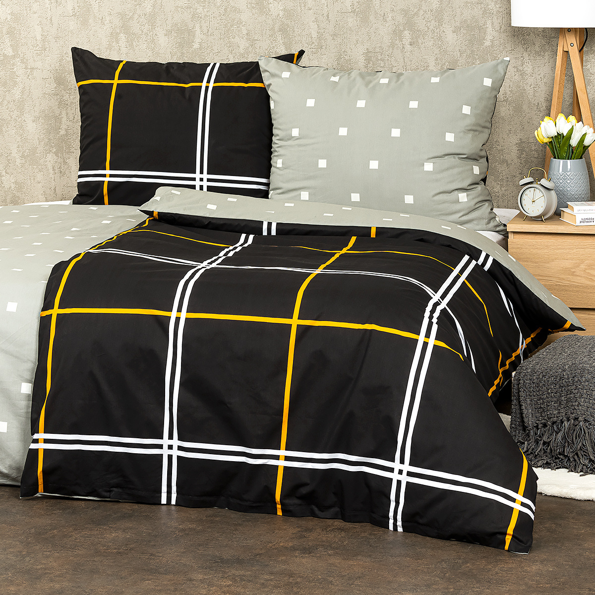 Poza Lenjerie de pat 4Home Carouri negru, din bumbac, 140 x 200 cm, 70 x 90 cm