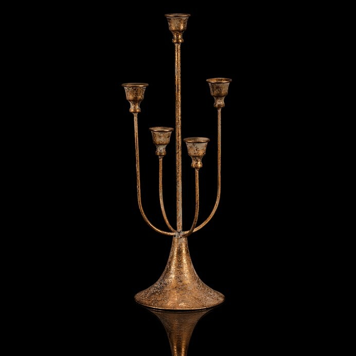 Metalowy świecznik pięcioramienny, złoty, 18 x 18x 44 cm