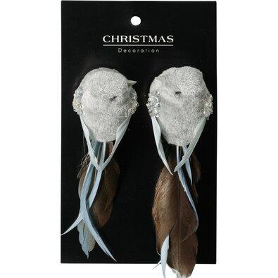 Komplet božičnih okraskov Ptič, siv, 14x4x4cm, s sponko, KOMPLET 2 KOSOV