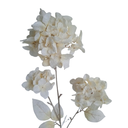 Művirág Hortenzia csillámmal, krém, 85 cm