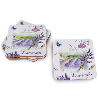 Podkładka korkowa pod kubek Lavender biały, 10 x 10 cm, zestaw 6 szt.
