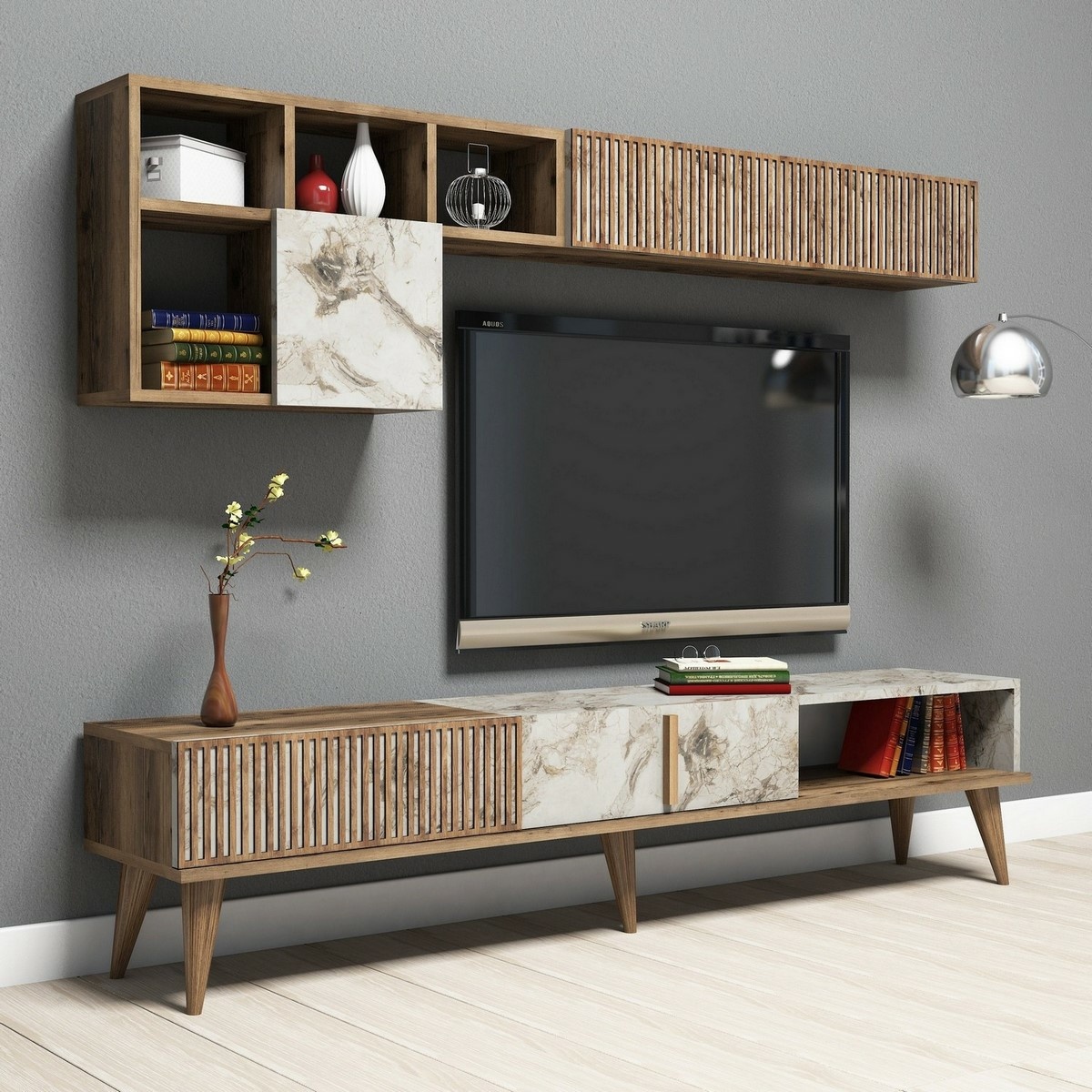 Televízna stena Milan Walnut and White Marble