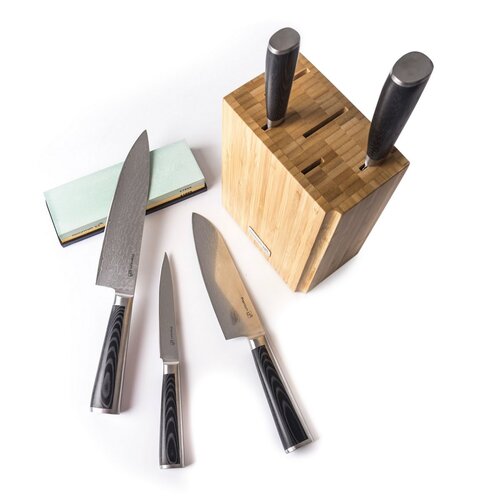 Set de cuțite G21 Damascus Premium în bloc debambus, cutie, 5 bucăți + piatră de ascuțit