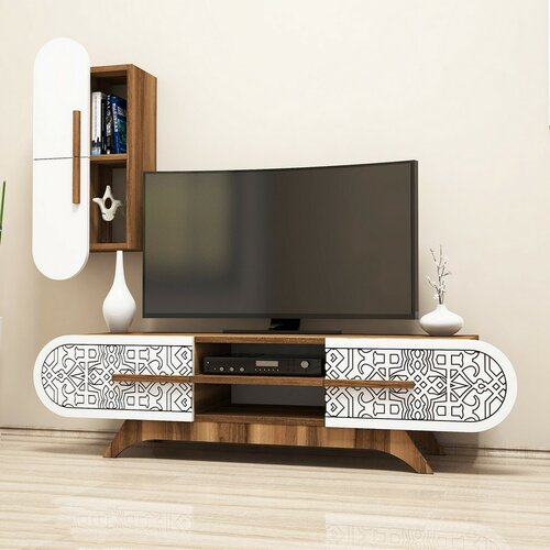 Defne White and Walnut TV-állvány szekrénnyel