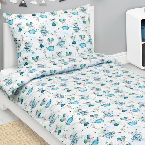 Бавовняна дитяча постільна білизна Bellatex JuniorMouse в чашці синя, 140 x 200 см, 70 x 90 см