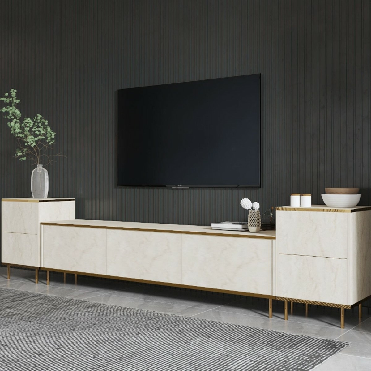 Televízny stolík so skrinkami Imej Travertine and Gold