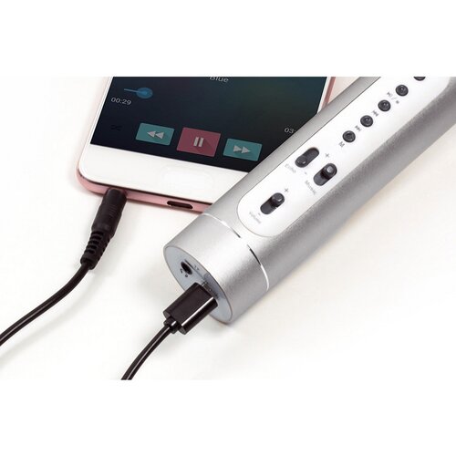 Teddies Mikrofon karaoke Bluetooth, stříbrná, na baterie, s USB kabelem