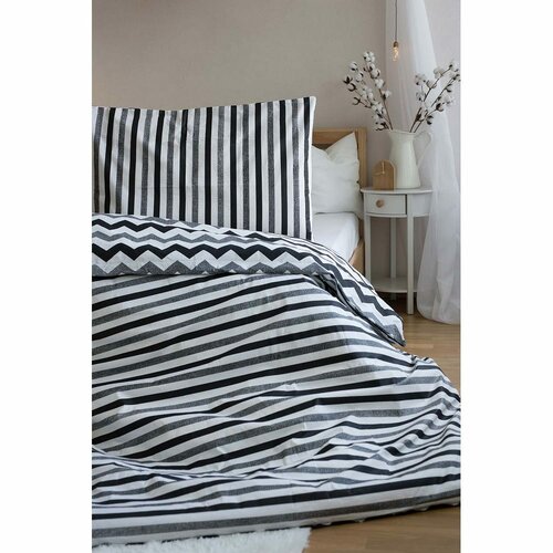 Fekete-fehér csíkos pamut ágyneműhuzat, 140 x 200 cm, 70 x 90 cm