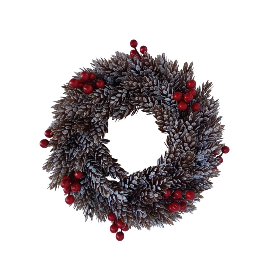 Plastový veniec s námrazou, šišky a červenébobule, d. 26 cm