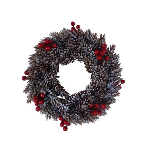 Ghirlanda din plastic cu conuri acoperite de chiciură și boabe roșii, lungime 26 cm