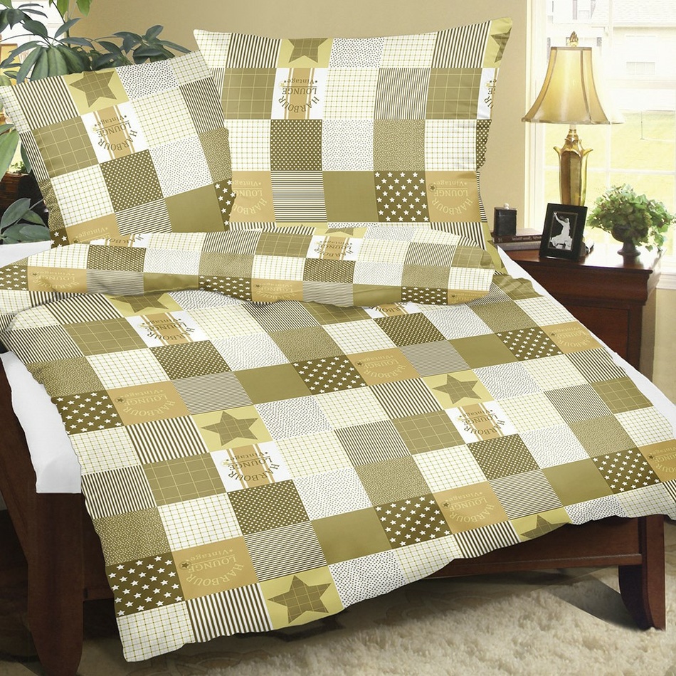 Bellatex Krepové povlečení Patchwork hnědá, 140 x 220 cm, 70 x 90 cm