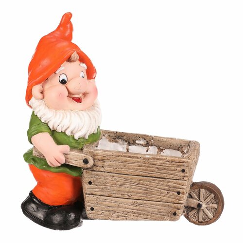 Ozdoba ogrodowa Krasnal z taczkami, pomarańczowa,31 x 16 x 33 cm
