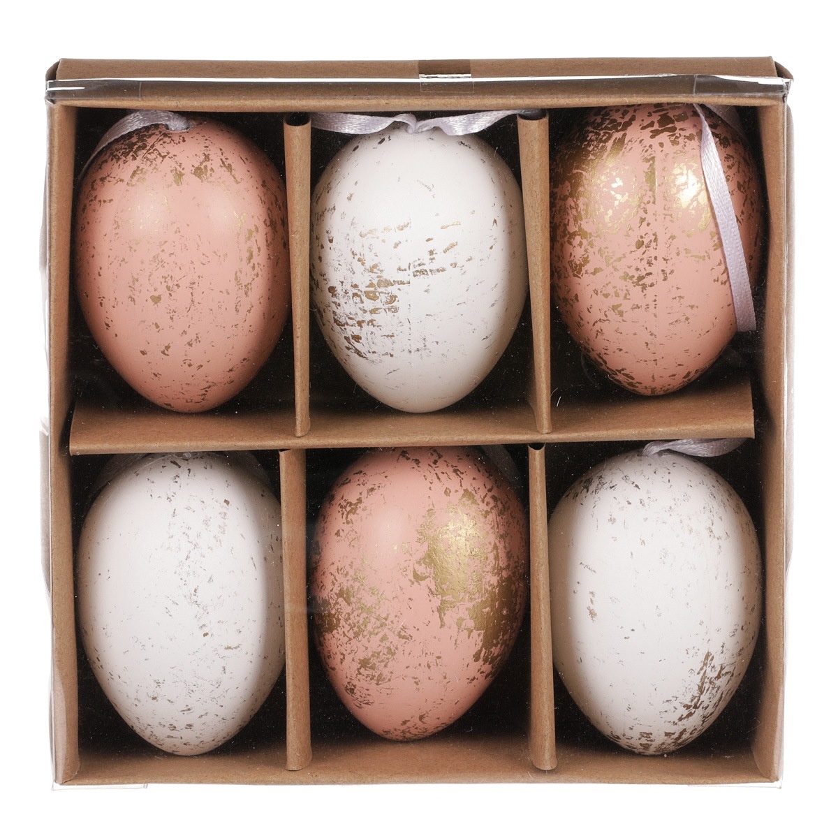 Levně Sada umělých velikonočních vajíček zlatě zdobených, růžovo-bílá, 6 ks